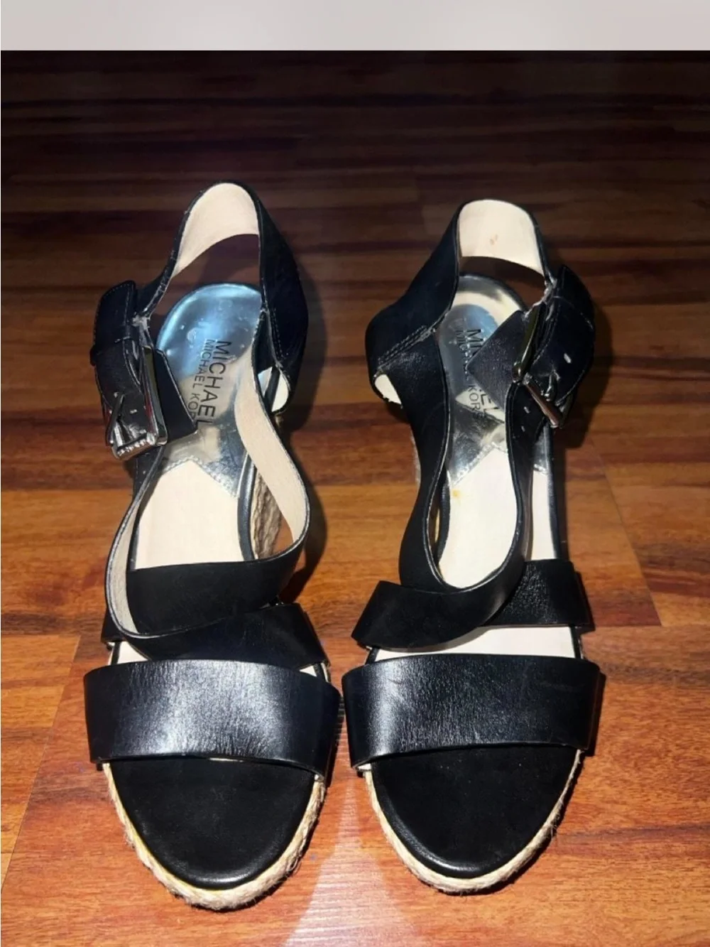 Michael Kors Black Leather Espadrille Wedge Sandals